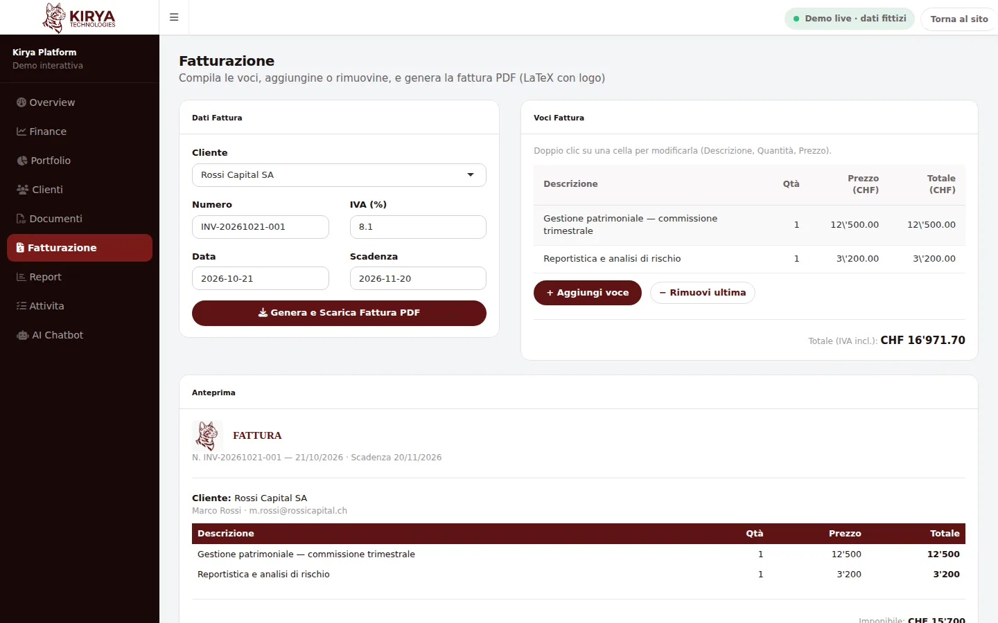 Real screenshot of the Kirya Demo Platform: Invoices